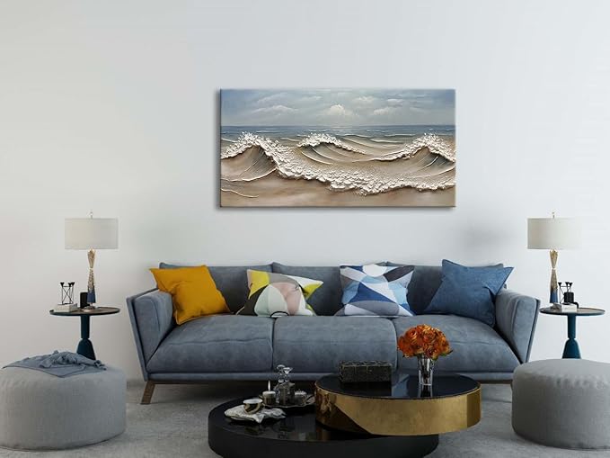 zoinart Blue Ocean Wave Oil Painting on Canvas Impasto Textured Painting Serene Canvas Wall Art Living Room Wall Decor Contemporary Art 24" x 48"