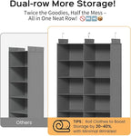 Dual-Row Hanging Closet Organizer – Foldable Clothes Storage Shelves with 3 Hooks, Space-Saving Wardrobe Organizer for Dorm Rooms, Bedroom or Closet (Grey, 6 Tier)