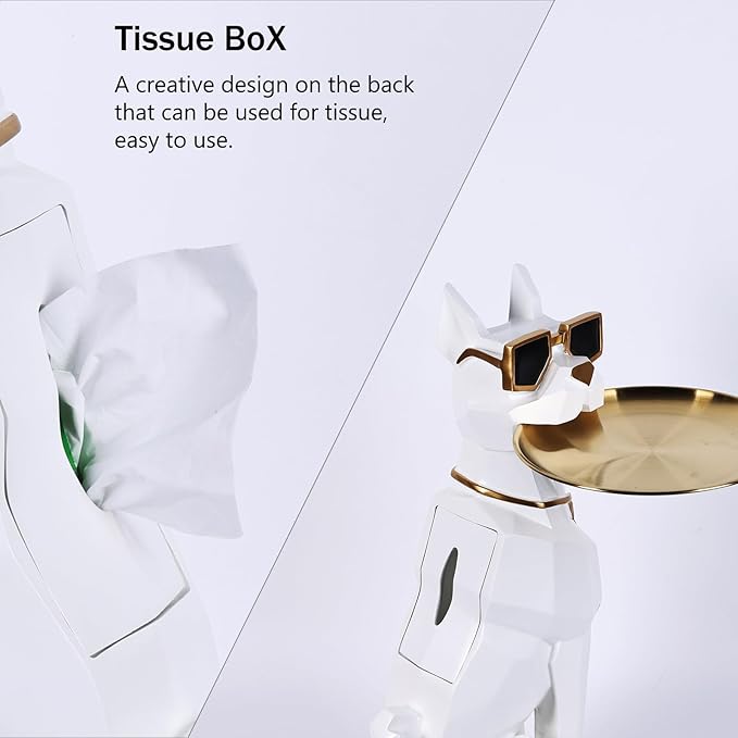 Resin Dog Side Table With Tray, Butler Statue Tissue Box, Accent End Table, Unique Sculpture, Geometric Statue, Funky Furniture for Home Decor Modern (White)