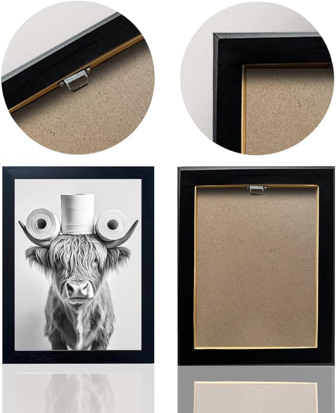 Funny Highland Cow Bathroom Wall Art with Toilet Paper on Head, Humorous Farmhouse Sign for Bathroom Decor, Rustic Black Framed Canvas Print for Restroom Toilet, Ready to Hang 16"x20"