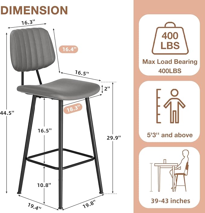 29-Inch Leather Bar Stools Set of 2, Counter Height Barstools with High Backrest，Bar Chairs for Kitchen Island with Heavy Duty Metal Base, Gray
