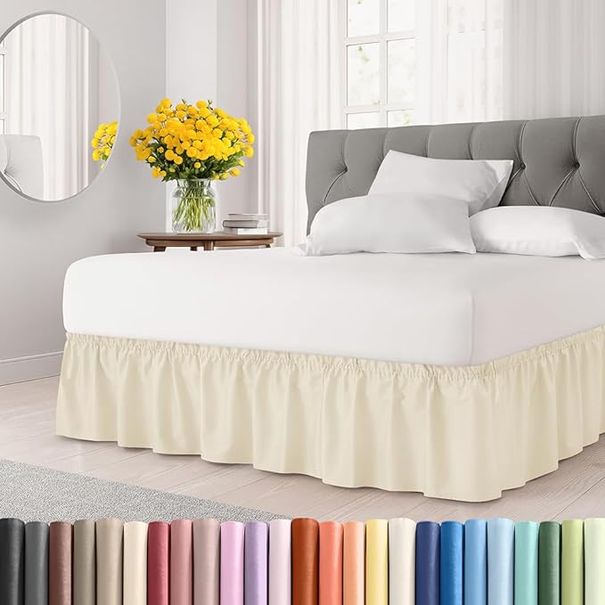 Wrap Around Dust Ruffle Bed Skirt - Off White - Twin/Twin XL Size Beds w/ 12 Inch Drop - Easy Fit Elastic Strap- Adjustable Pleated Bedskirt w/Brushed Fabric - Wrinkle Free - Women, Men, Kids & Teens