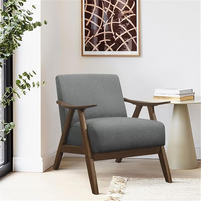 Lexicon Mid Century Modern Accent Chair with Solid Wood Frame in Walnut Finish, Upholstered Living Room Lounge Arm Chair, Thick and Comfy Innerspring Seat Cushion, Linen-Look Fabric, Gray