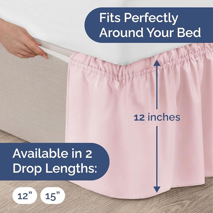 Wrap Around Dust Ruffle Bed Skirt - Lavender Pink - Twin/Twin XL Size Beds w/ 12 Inch Drop - Easy Fit Elastic - Adjustable Pleated Bedskirt w/Brushed Fabric - Wrinkle Free, Women, Men, Kids & Teens