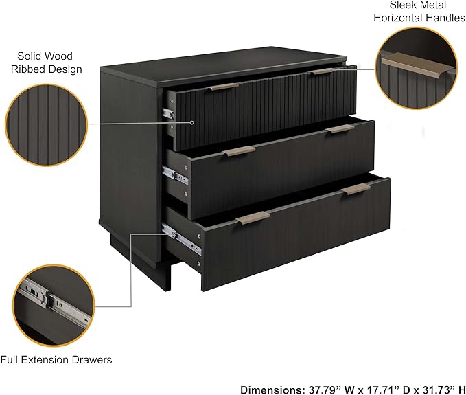 Manhattan Comfort Granville 38-Inch Solid Wood Dresser with 3 Full Extension Soft Close Drawers, Fluted Ribbed Front with Gold Metal Handles for Bedroom, Living Room, Dorm, Nursery in Dark Grey