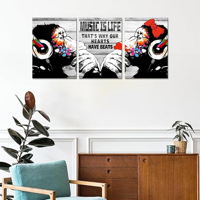 Novatique Banksy Canvas Wall Art Street Wall Art Music is Life Monkey Graffiti Pictures Print Graffiti Art Wall Decor for Living Room Bedroom Bathroom, 12" x 16" x 3Pcs