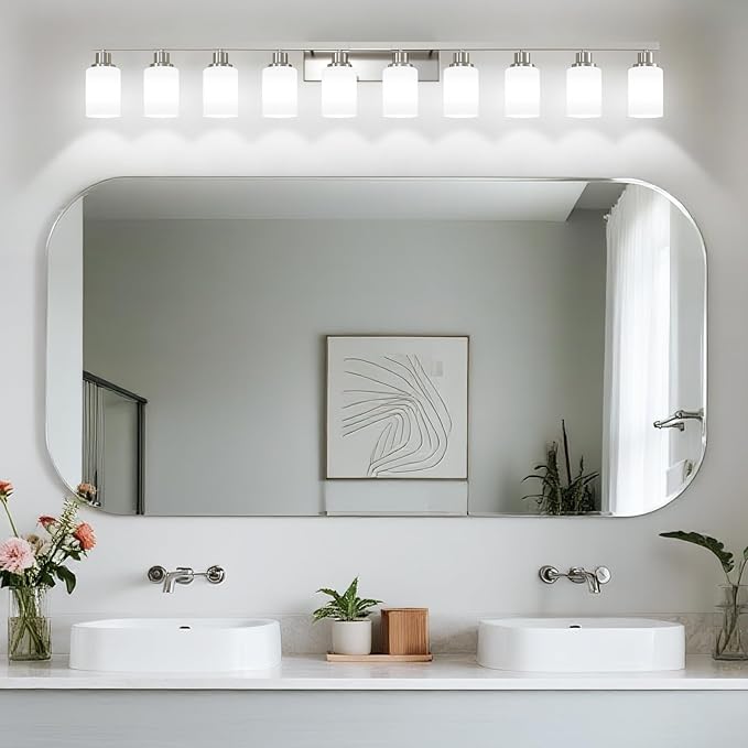 10-Light Bathroom Vanity Light Brushed Nickel,64.5in Vanity Lights with White Frosted Glass,Modern Bathroom Wall Lights Fixtures Over Mirror,Wall Sconces Lighting for Bedroom Living Room,E26