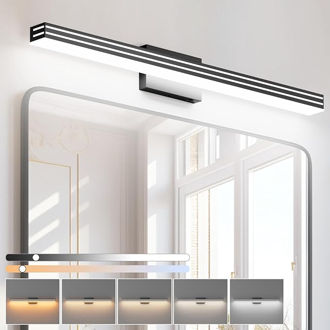Ralbay 5 Color Temperature Dimmable LED Modern Black Vanity Light for Bathroom 40inch 36W Acrylic Matte Black Bathroom Vanity Lighting Fixtures Over Mirror