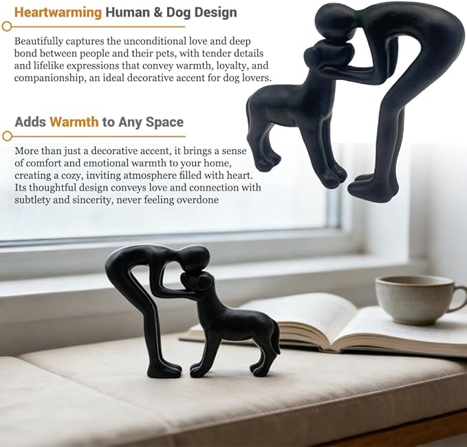 Human and Dog Statue Decoration, Cute Pet Sculpture Home Decor Tabletop Ornament Figurines Office Living Room Bedroom Home, for Dog Lovers Friends Family Decoration, Black Color