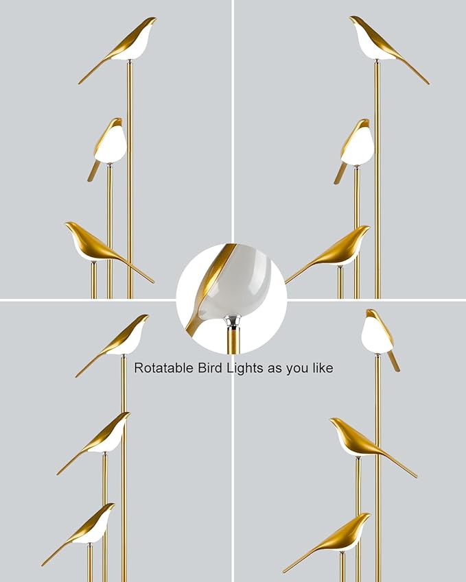 Lightdot Gold Floor Lamp for Living Room Modern Mid Century Standing Light with 3 Adjustable LED Bird Lights for Wedding Party Unique Tall Floor Lamp for Bedroom Kids Room/Sofa Beside/Corner Decor