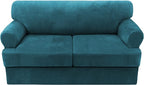 H.VERSAILTEX Sofa Cover 3 Piece T Cushion Loveseat Slipcovers Thick Velvet Couch Cover Furniture Protector Stretch T Cushion Sofa Covers for 2 Cushion Couch with 2 T Cushion Covers Washable, Deep Teal
