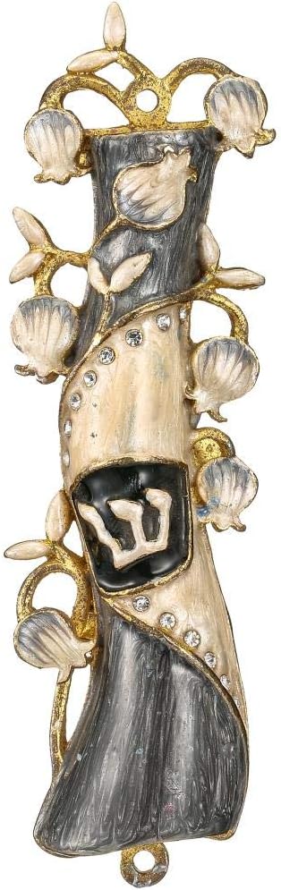 Matashi Hand Painted Mezuzah Gold Plated and Crystals (Grey & White Enamel)