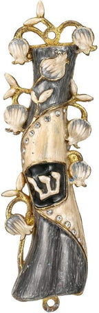 Matashi Hand Painted Mezuzah Gold Plated and Crystals (Grey & White Enamel)