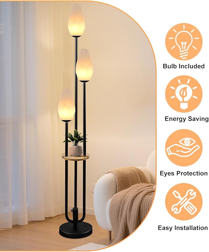 Lightdot Black Dimmable Floor Lamp with Table, 63IN Mid-Century Oval Floor Lamps with Bulbs Included, 3-Lights Candle Holder Style Modern Tall Standing Lamp for Living Room/Sofa Beside/Corner Decor