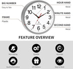 Atomic Wall Clock Modern 14 Inch Battery Operated Analog Clock Decorative for Bedroom Kitchen Bathroom Office Home Living Room (Silver)