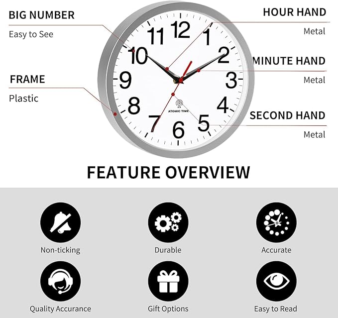 Atomic Wall Clock Modern 14 Inch Battery Operated Analog Clock Decorative for Bedroom Kitchen Bathroom Office Home Living Room (Silver)