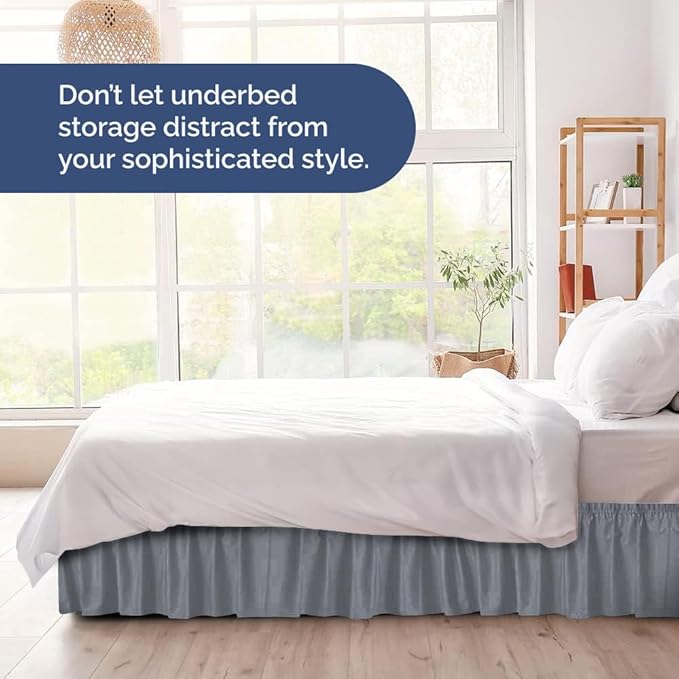 Wrap Around Dust Ruffle Bed Skirt - Steel Blue - Twin/Twin XL Size Beds w/ 15 Inch Drop - Easy Fit Elastic Strap- Adjustable Pleated Bedskirt w/Brushed Fabric - Wrinkle Free, Women, Men, Kids & Teens