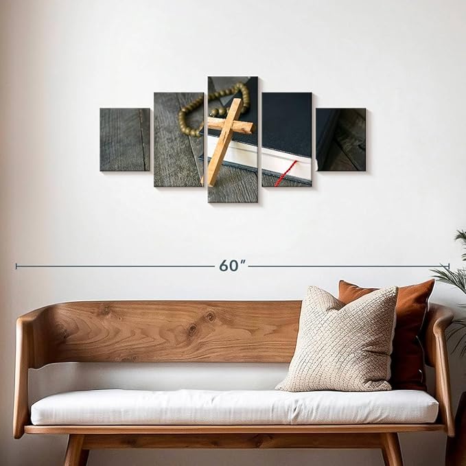 Elephant Stock Cross Canvas - 5 Panel Christian Pictures Decor - Canvas Print Wall Decor - Christian Cross Wall Art - 42" X 19"
