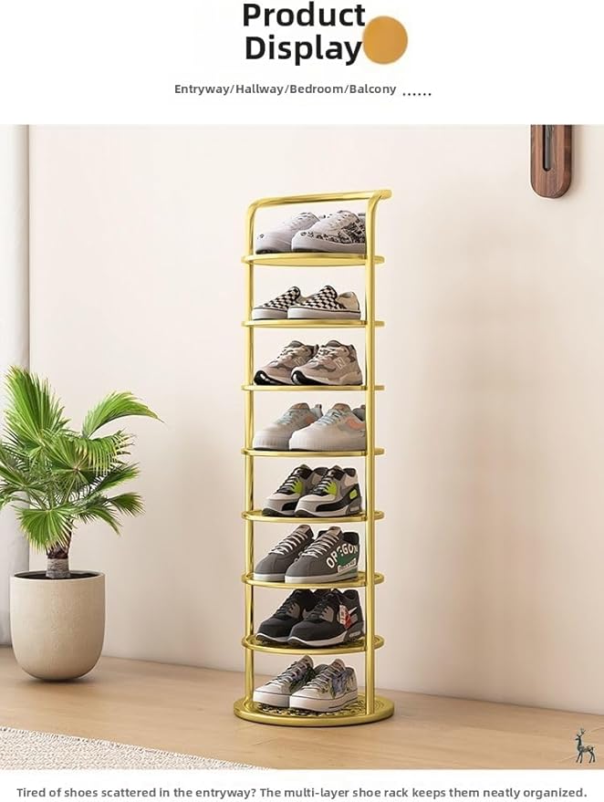 Bamboo Shoe Rack Organizer, 2-10 Tiers, Natural or Tea Color, No-Tool Assembly, Foldable Storage Shelf (Round Eight Layer Black)
