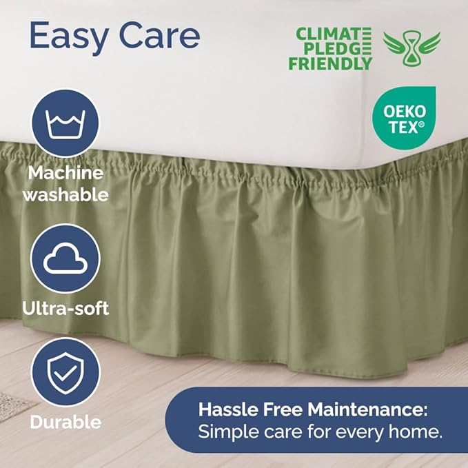 Wrap Around Dust Ruffle Bed Skirt - Sage Green - for Full Size Beds with 12 Inch Drop - Elastic Strap - Adjustable Pleated Bedskirt with Brushed Fabric and Wrinkle Free - for Women, Men, Kids & Teens