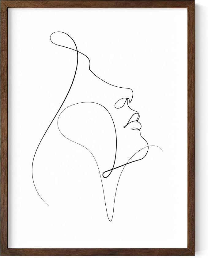 Minimalist Woman Profile Wall Art Upward Gaze Continuous Line Drawing Feminine Face 12x16 Inch Oak Wood Walnut Framed Modern Aesthetic Print for Living Room
