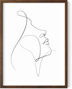 Minimalist Woman Profile Wall Art Upward Gaze Continuous Line Drawing Feminine Face 12x16 Inch Oak Wood Walnut Framed Modern Aesthetic Print for Living Room