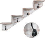 Coat Rack Wall Mount with Shelf, White Ladder Shelf with Hooks Underneath, Wall Mounted Rise Wooden shelves for Decorative, 4 Double Hooks for Hanging Coats, Keys, Books, Flowers, Planter, Towels