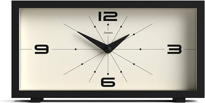 JONES CLOCKS® Odeon Desk Clock | Modern Rectangular Design | Black | Stylish Retro Look for Shelf, Table, Mantel or Bedside