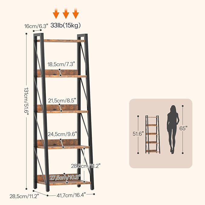 HOOBRO Ladder Shelf, 5-Tier Bookshelf, Corner Bookcase, Freestanding Storage Shelf Display Organizer, for Living Room, Bedroom, Home Office, Kitchen, Rustic Brown and Black BF305CJ01