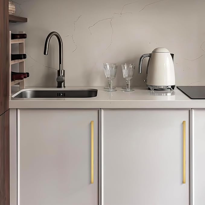 Ravinte 25 Pack 10 Inch Solid Square Cabinet Pulls - Brushed Brass Handles for Kitchen Cabinets & Drawers