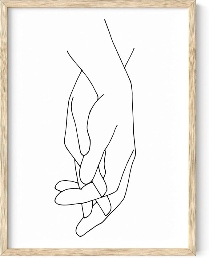 Holding Hands Wall Art Interlocking Fingers Connection Continuous Line Drawing 12x16 Inch Oak Wood Beige Framed Modern Minimalist Unity Print for Bedroom