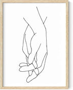 Holding Hands Wall Art Interlocking Fingers Connection Continuous Line Drawing 12x16 Inch Oak Wood Beige Framed Modern Minimalist Unity Print for Bedroom