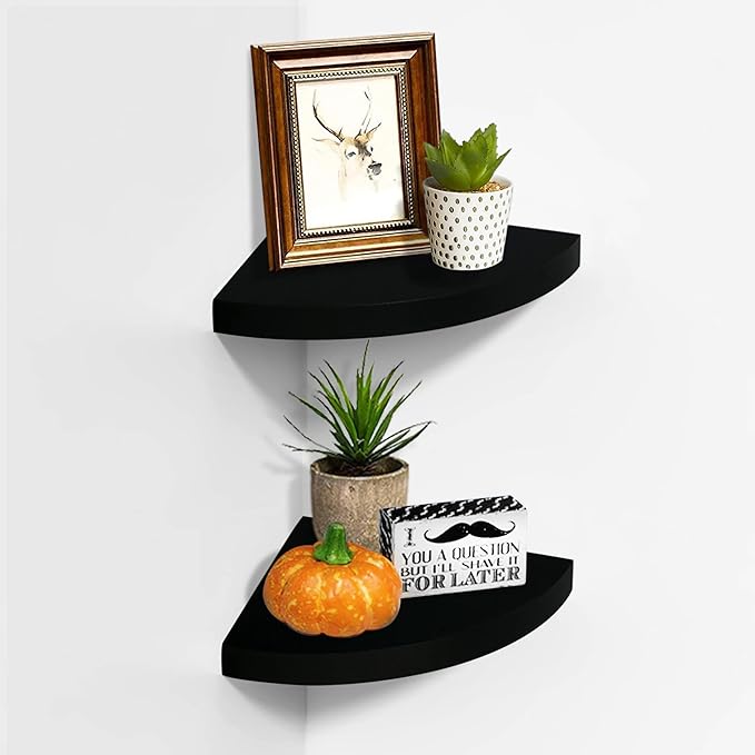 AHDECOR Black Corner Shelves, Modern Floating Corner Shelf for Space-Saving Storage in Bathroom, Bedroom, Kitchen, and More, Set of 2