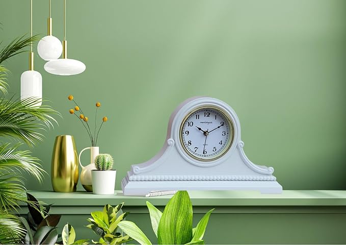 Mantel Clocks, Battery Operated, Silent Wood Table Clock with Westminster Chimes On The Hour, Solid Wooden Shelf Chiming Mantle Clock, 9" x 16" x 3" (White - Arabic Numerals)
