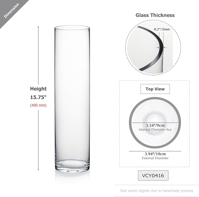 WGVI Quality Thick Weighted Tall Clear Cylinder Glass Vases, 4" W x 16" H, Flower Arrangement Floating Candle Holders Wedding Centerpieces Event Floral Container Home Decor, Bulk Wholesale, 12 Pcs