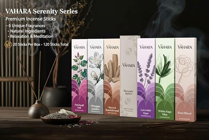 Serenity Series Masala Incense Sticks (6 Pack) – Hand-Rolled Natural Incense, Long-Burning Masala Sticks for Meditation, Yoga, Relaxation & Aromatherapy