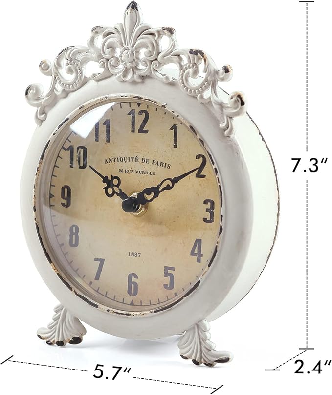 NIKKY HOME Small Vintage Table Clock, Decorative Shelf Desk Top Clock Battery Operated Round French Design, Farmhouse Home Decor for Bathroom, Tabletop, Desktop, Countertop, Rustic Beige