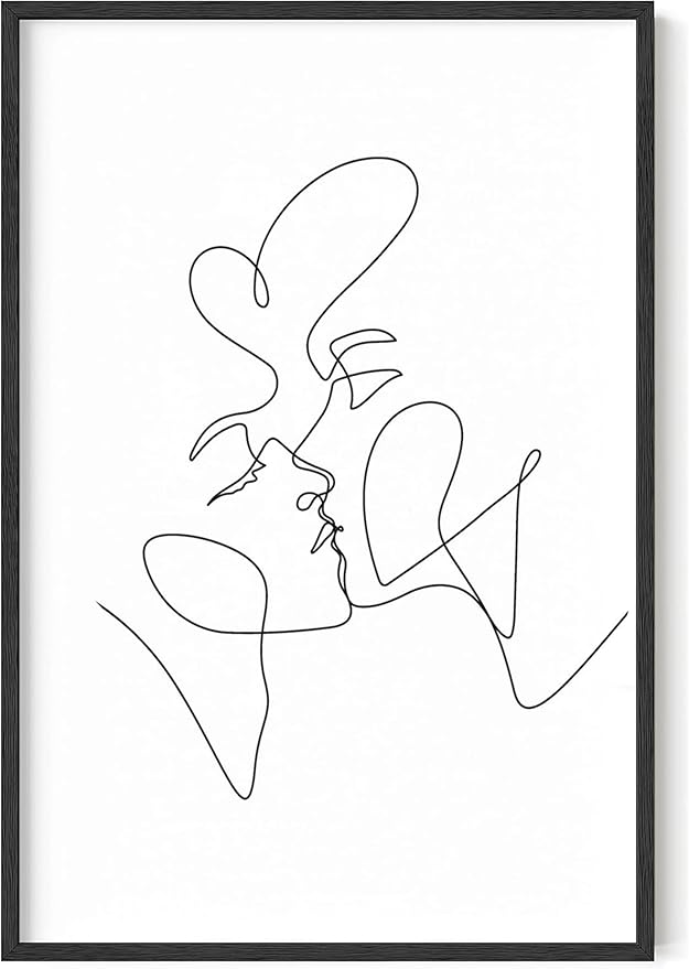 Minimalist Couple Art Wall Art Print Couple Kiss Abstract Line Drawing, Gallery Quality 24"x36" Black Framed, Abstract Love Aesthetic Decor Bedroom Living Room