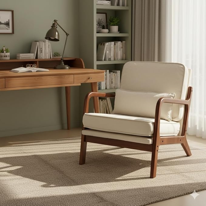 Simple Deluxe Mid-Century Modern Wood Accent Chair & Cozy Reading Chair, Upholstered Living Room Chair with Waist Cushion, Solid Wood Chair with Pillow for Bedroom, Beige