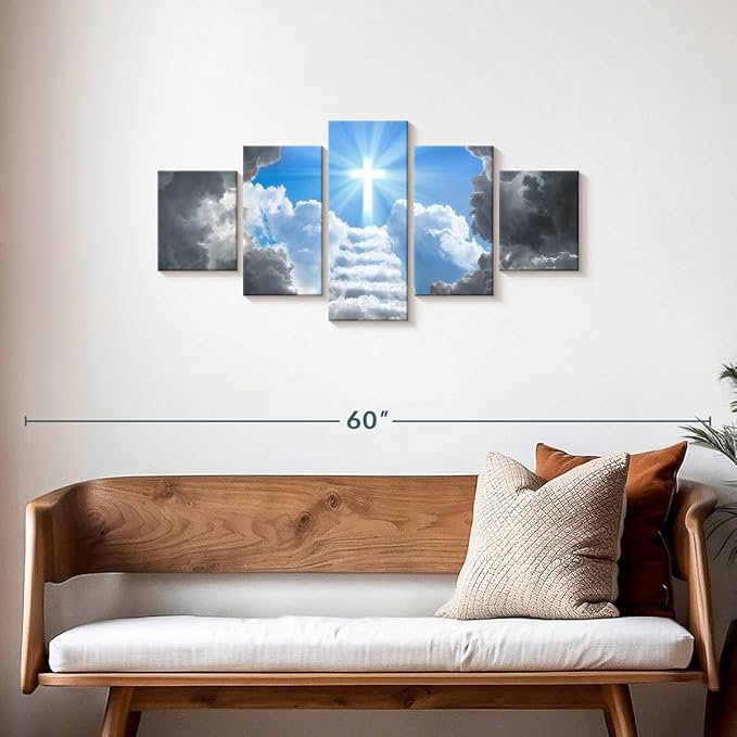 Elephant Stock Stairway To Jesus Christ Wall Art Multi Piece Canvas - 5 Panel Christian Pictures Decor - Digital Design Canvas Print - Christian Wall Decor - 42" X 19"