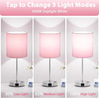 Pink Touch Lamps for Nightstand Set of 2 - Bedside Table Lamp for Bedroom with Dual USB Ports & AC Outlet, 3-Way Dimmable Lamps for Living Room Boys Room, Night Light with 5000K Daylight Bulbs