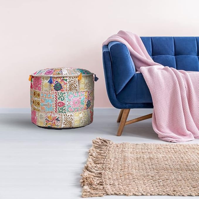 Aakriti Gallery Indian Pouf Footstool Ethnic Embroidered Pouf Cover - Cotton Round Pouffe Ottoman - Beige, 22x14