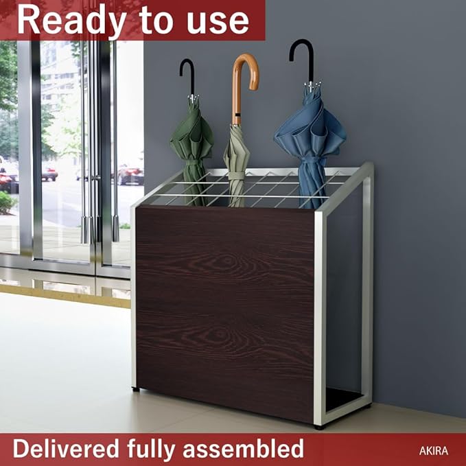 AKIRA Large Capacity Umbrella Stand for 24-Umbrellas Modern Brown Wood Grain & Gray Metal Entryway Organizer Rack Holder for Office or Lobby, Model US-US-0625-GYDB