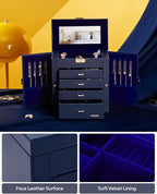 Homde Valentine's Day Gifts Synthetic Leather Huge Jewelry Box Mirrored Watch Organizer Necklace Ring Earring Storage Lockable Gift Case (Dark Blue + Gold)