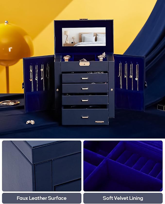 Homde Valentine's Day Gifts Synthetic Leather Huge Jewelry Box Mirrored Watch Organizer Necklace Ring Earring Storage Lockable Gift Case (Dark Blue + Gold)