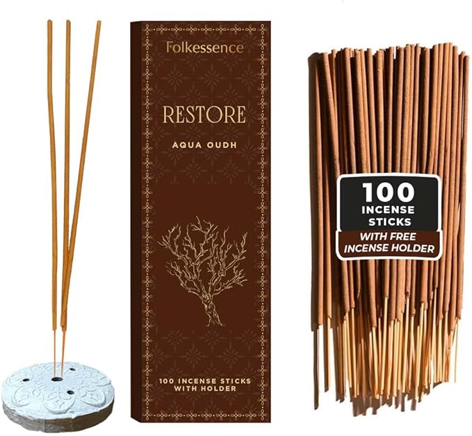 Folkulture Restore Incense Sticks with Holder (100 Sticks)| Oud Luxury Incense Stick for Meditation, Aromatherapy, Gifts for Women | No Charcoal,Organic,Non Toxic, 45 Mins