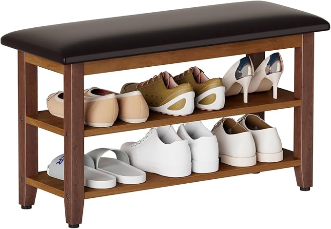 Shoe Bench with Leather Cushion,Wood Bench with Shoe Rack,2-Tier Shoe Storage Organizer for Entryway,Hallway,Living Room (Brown, 2-Tier-31.5")