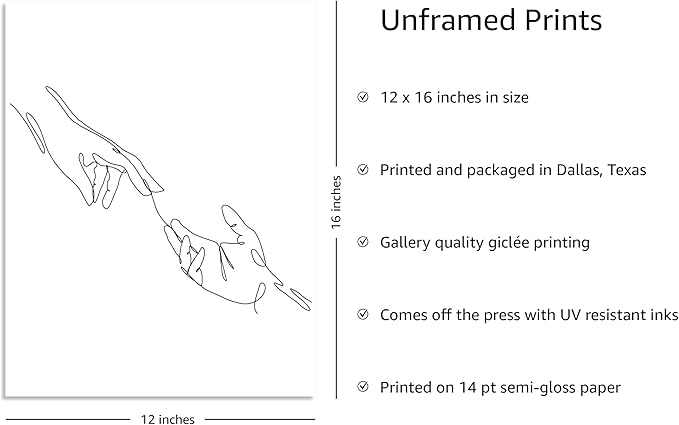 Y2K BOO Minimalist Reaching Hands UNFRAMED Wall Art Continuous Line Drawing Connection Symbol 12x16 Inch Heavyweight Paper Modern Studio Home Decor