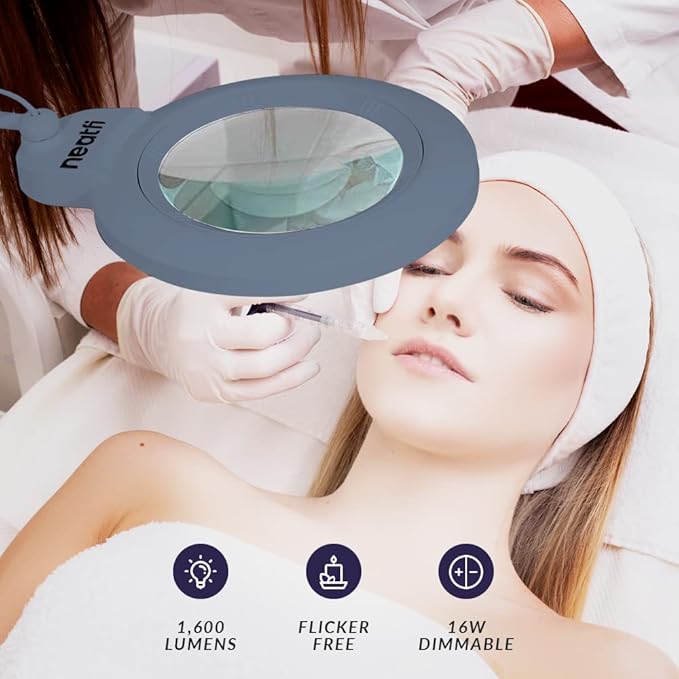 Neatfi XL Bifocal LED Magnifying Lamp – 7-Inch Acrylic Lens, 2.25x & 6X Magnification, 1,600 Lumens, Dimmable LED, Adjustable Arm, Hands-Free Close Work (Gray, with Clamp)