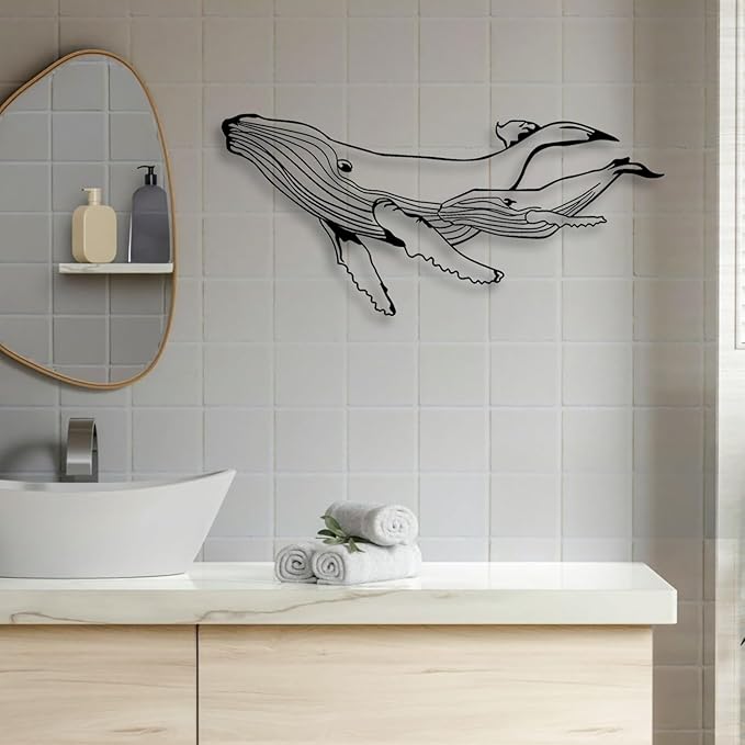 LIYOUYA Whale Metal Wall Decor - Ocean Life Art Room Decor Simple Line Black Wall Art Home Decor for Living Room, Bathroom, Bedroom, Dining Room (Black)